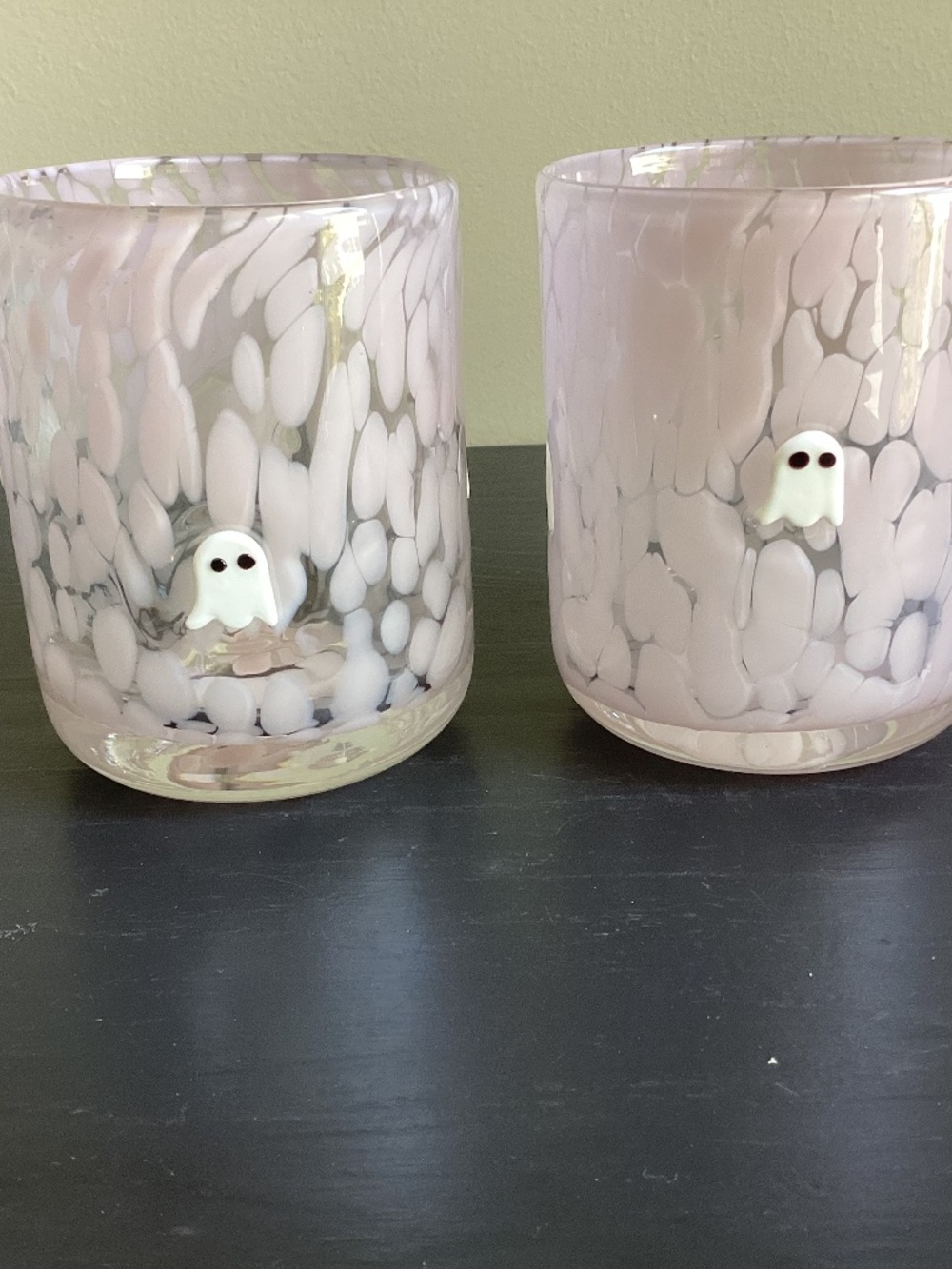 Brand New Set of 2 Heavy Duty Juice Glasses White Speckled adorned with Ghosts
